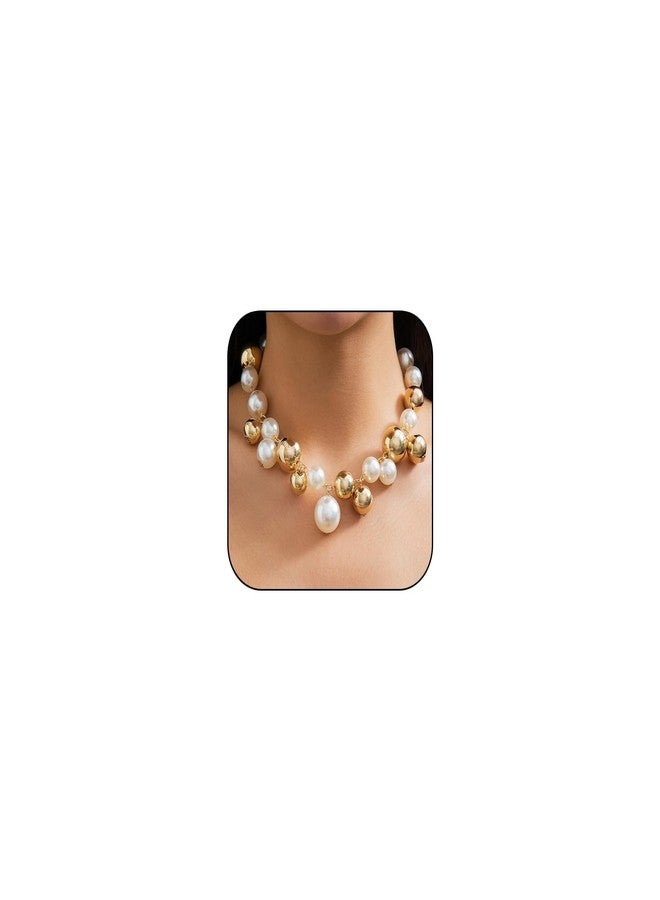 Cicod Large Pearl Necklace for Women,Dainty 14K Gold Plated Big Pearl Choker Necklace for Prom Wedding Bridal Bridesmaid Jewelry Gifts (Chunky Gold) - Image 1